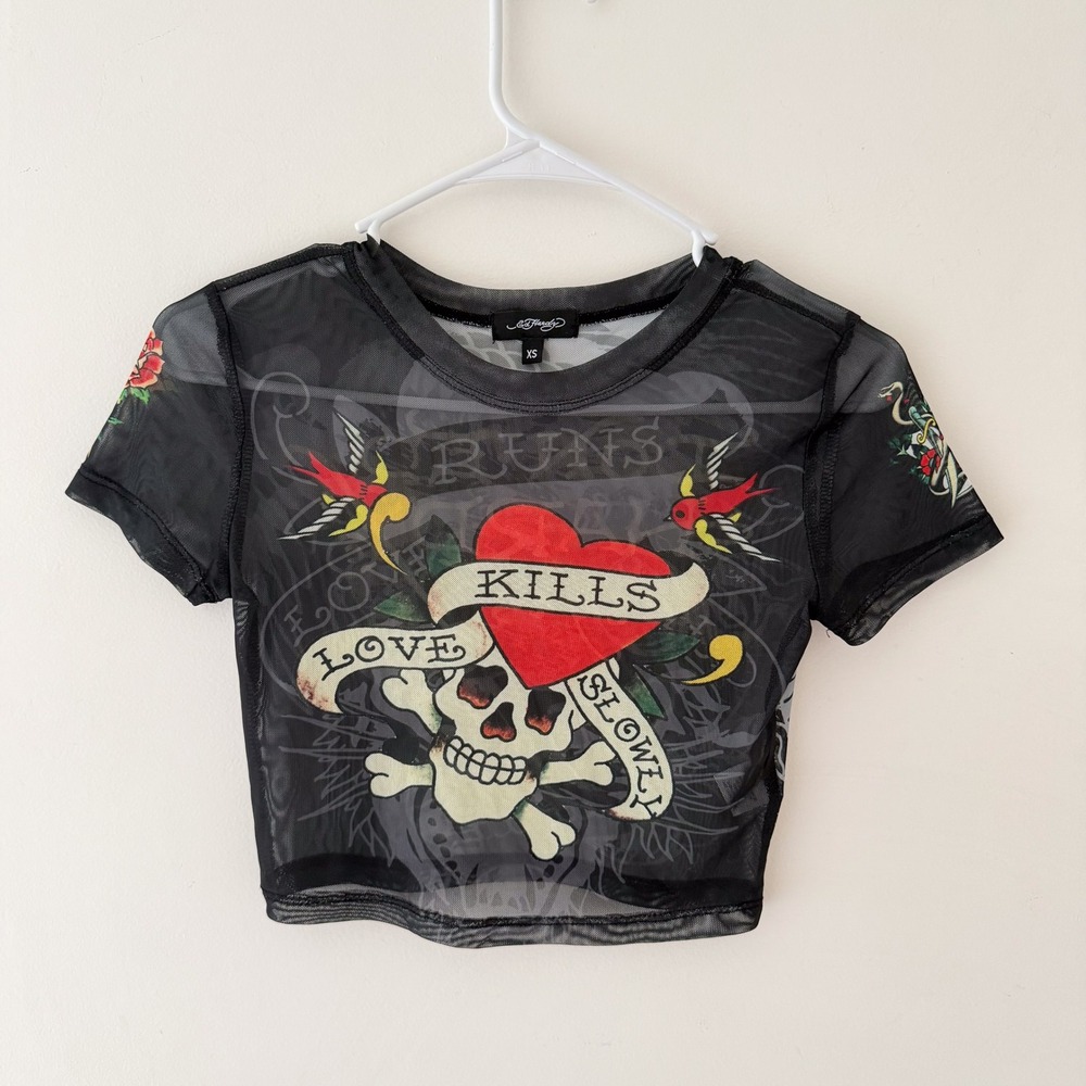 Ed Hardy Tattoo Print Crop Top Women XS Sheer Mesh Black Skull Y2K Indie Grunge